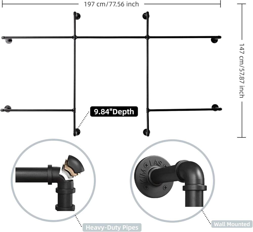 Industrial Pipe Clothes Rack Wall Mounted Clothing Rack,Heavy Duty Iron Pipe Garment