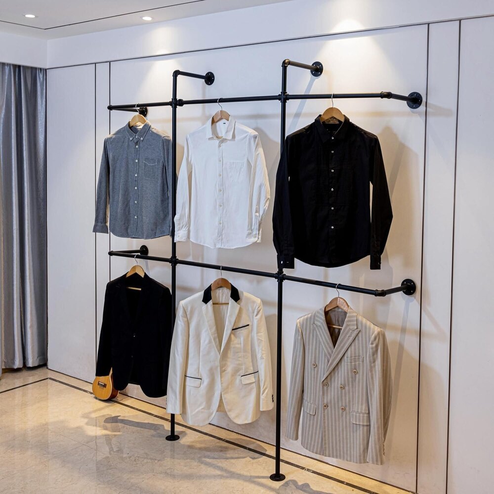 Industrial Pipe Wall-mounted Garment Racks, Metal Commercial Hangers, Coat Racks Black 118x78x10in