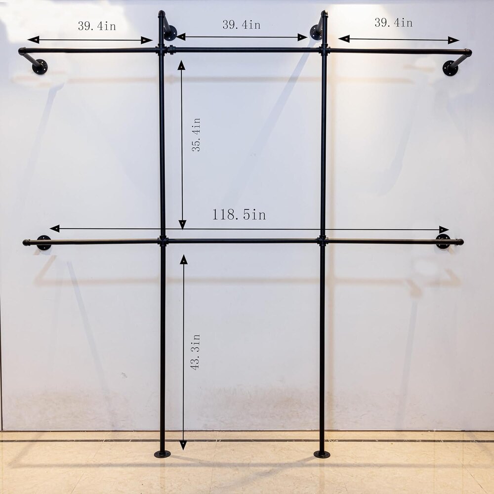 Industrial Pipe Wall-mounted Garment Racks, Metal Commercial Hangers, Coat Racks Black 118x78x10in