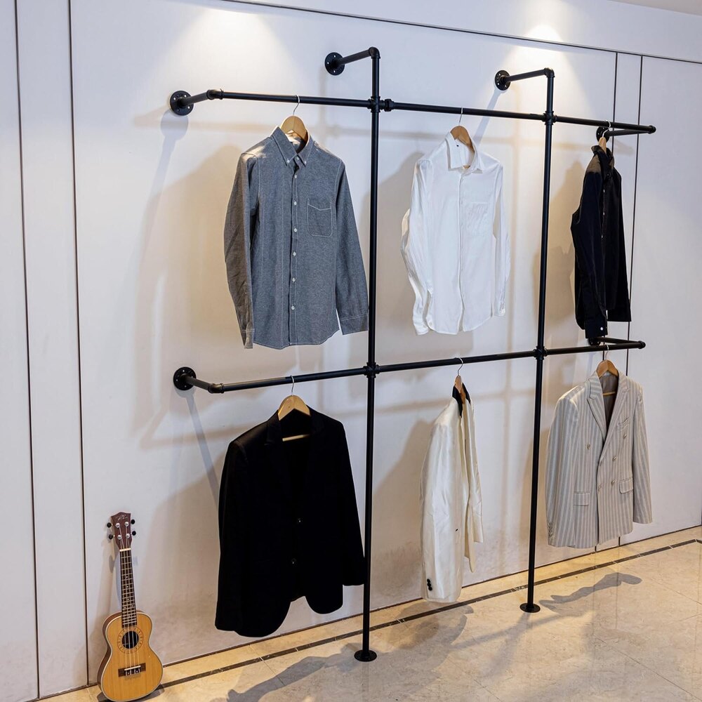Industrial Pipe Wall-mounted Garment Racks, Metal Commercial Hangers, Coat Racks Black 118x78x10in