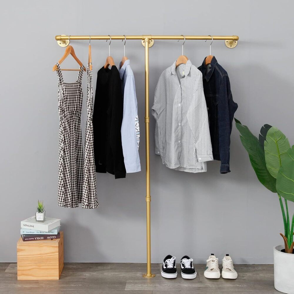 Industrial Pipe Clothes Rack, Heavy Duty Wall Mounted golden Iron Garment Bar