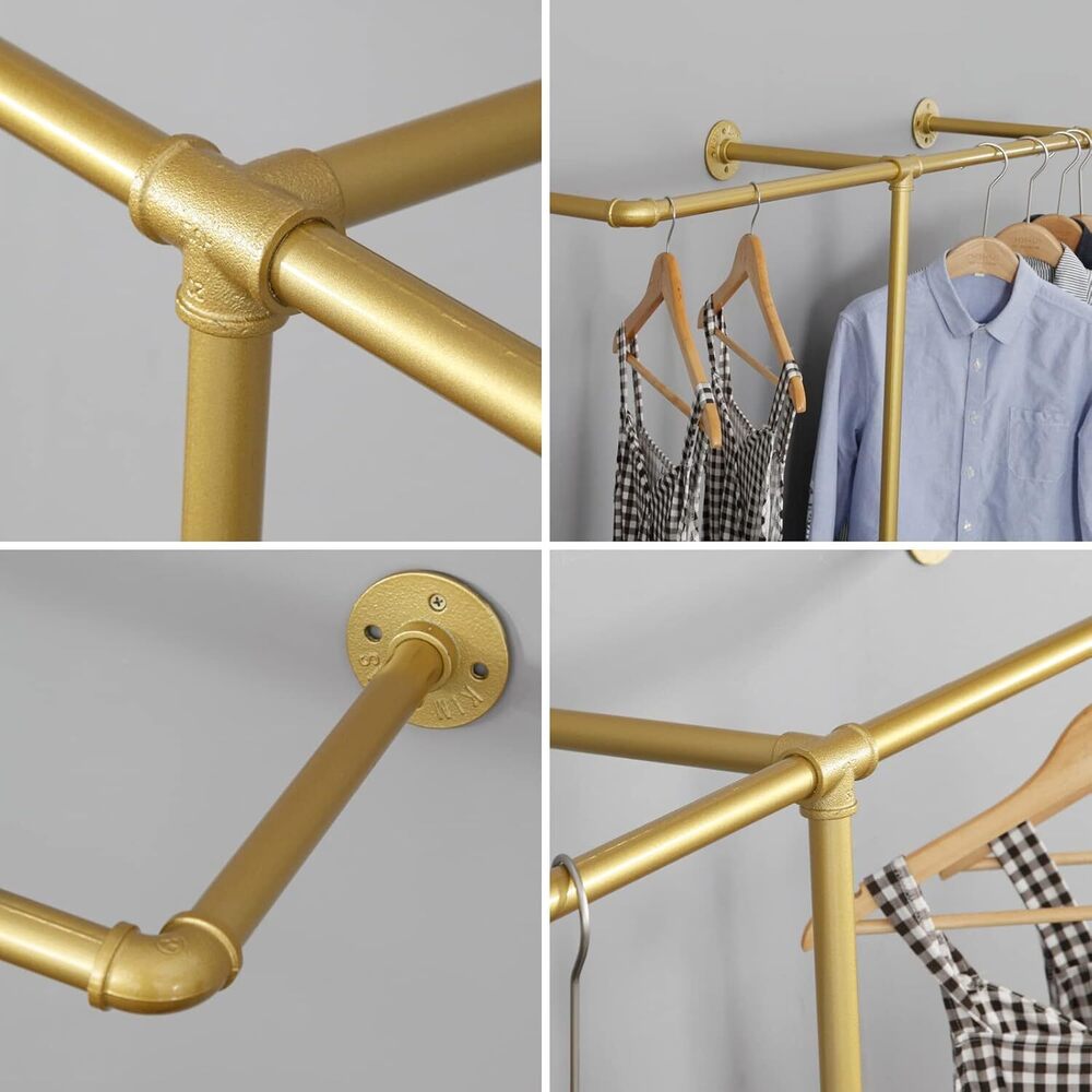 Industrial Pipe Clothes Rack, Heavy Duty Wall Mounted golden Iron Garment Bar