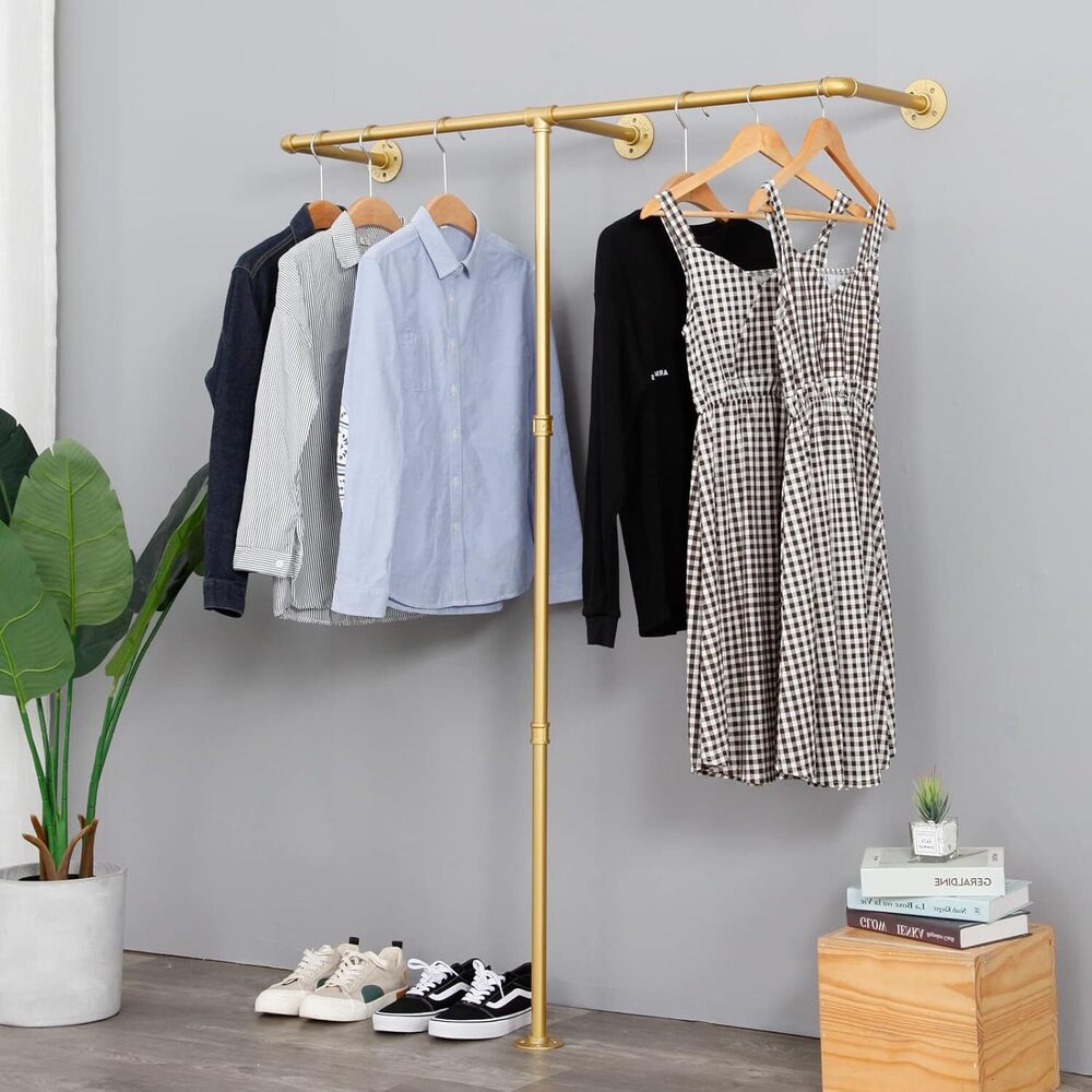 Industrial Pipe Clothes Rack, Heavy Duty Wall Mounted golden Iron Garment Bar