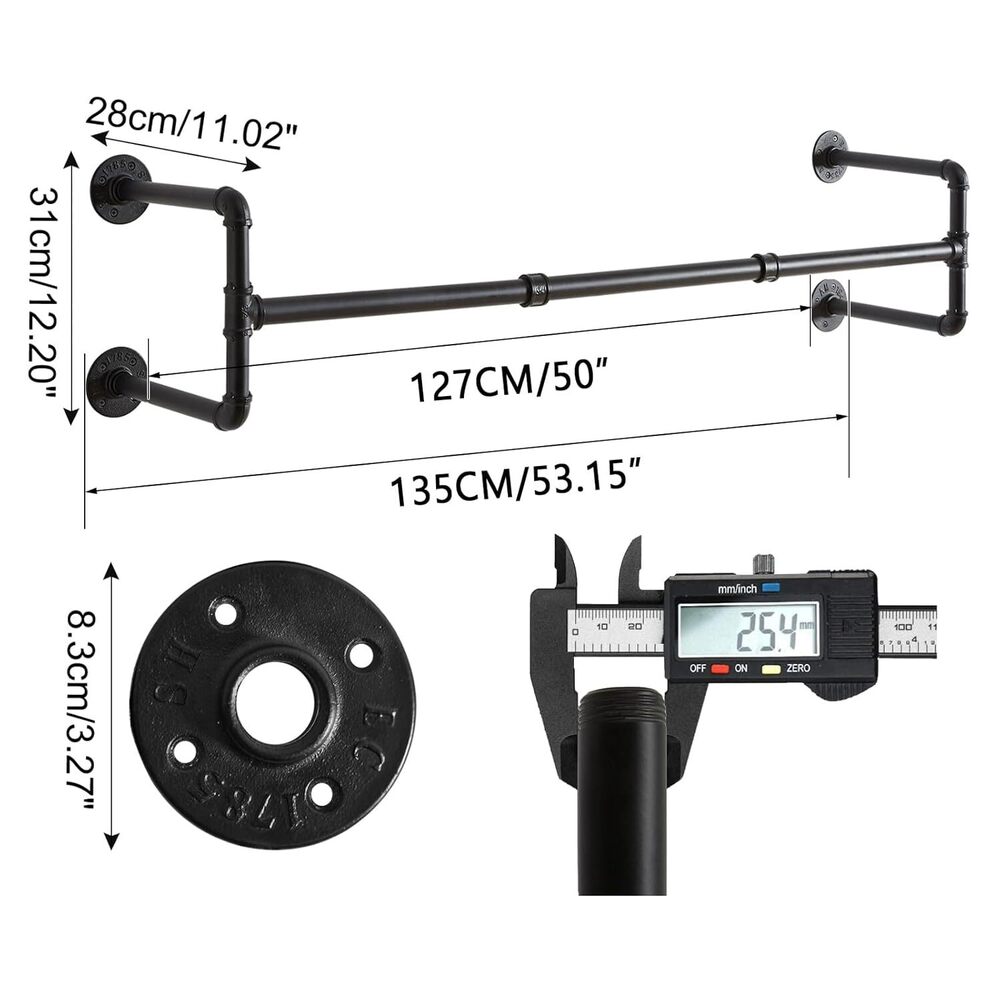 Wall Mounted Clothes Rail, 127cm Industrial Pipe Clothes Bar Rack