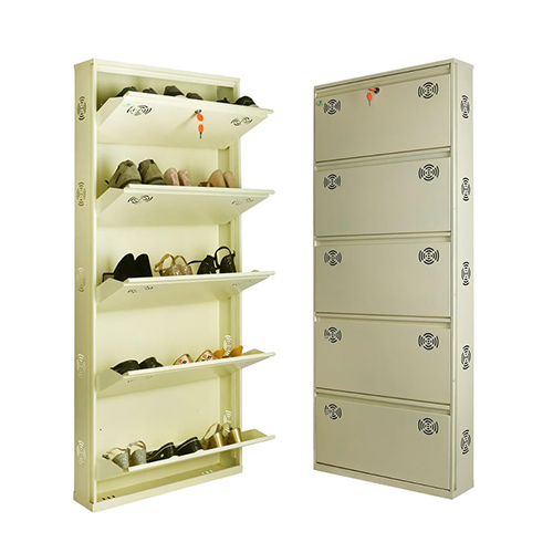 28 Inch 5 Door Ivory Wide Wall Mounted Metal Shoe Rack - Design: Plain