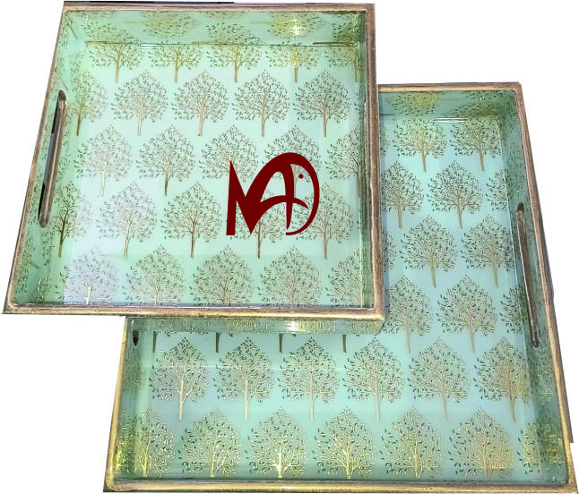 Square Tray - Wooden Set Of 2, Digital Print With Enamel Coating | Ideal For Home, Restaurant, Hotel & Versatile Use