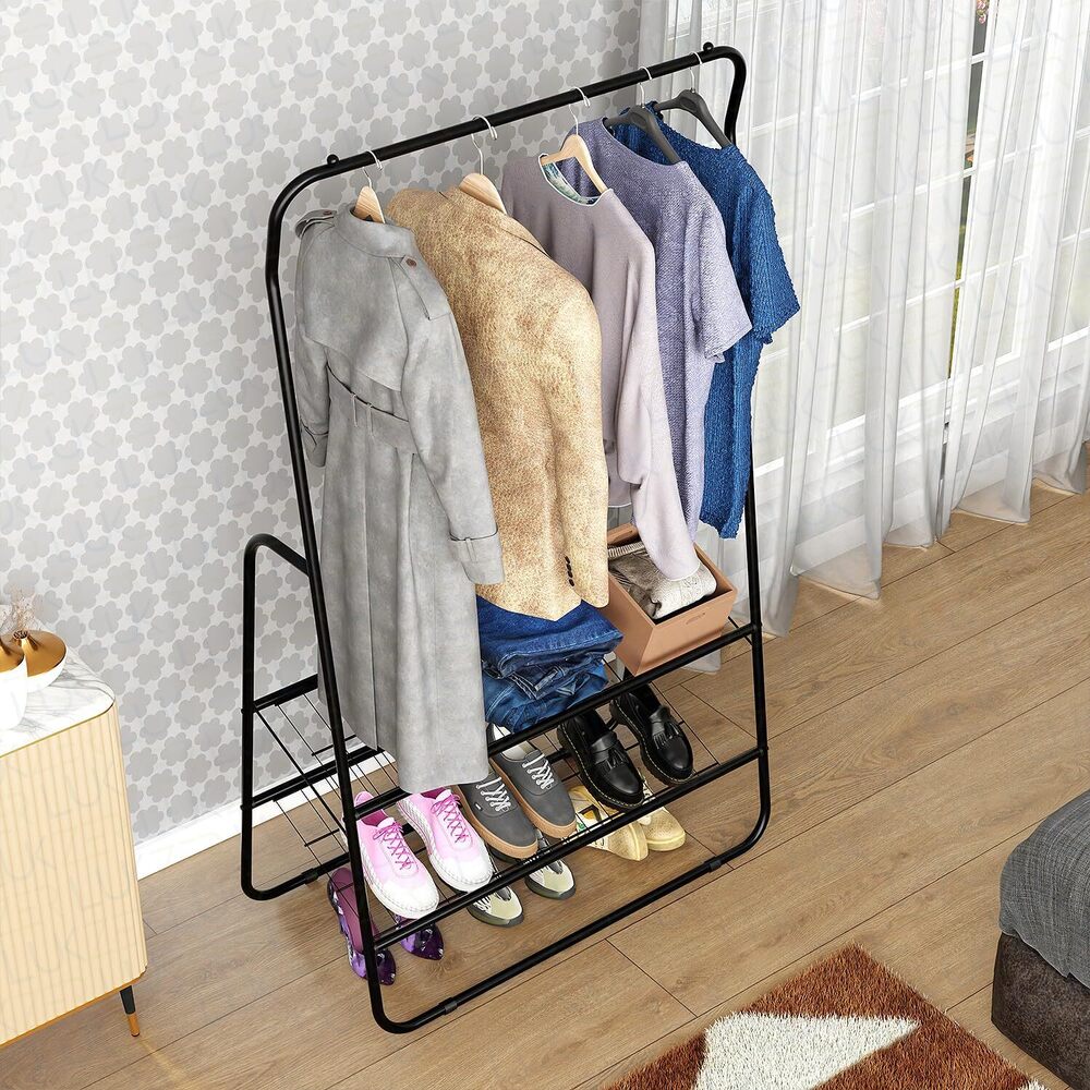 Metal 2 Bottom Garment Rack Portable Closet Storage Organizer Stand for Coat