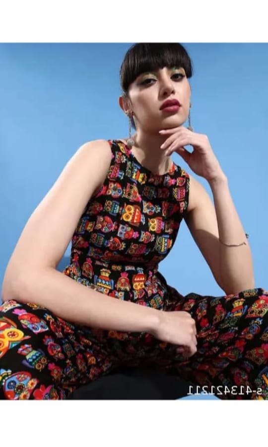 Dhoti Jumpsuit - Cotton Mixed, All Size, Black Red | Printed Crepe Fabric, Quirky Round Neck, Modern Twist Design, All-day Comfort