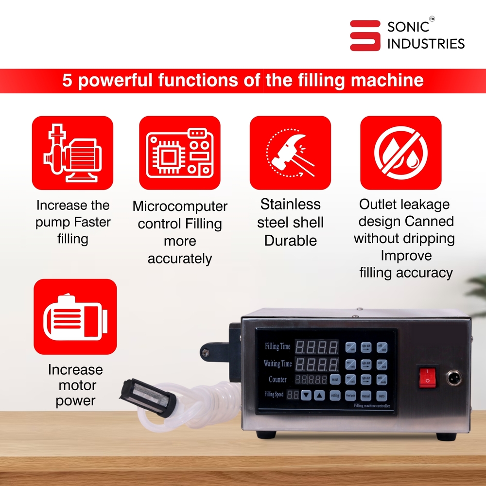 Sonic Industries Single-Head Electric Liquid Filler Machine 10ml-3500ml Range