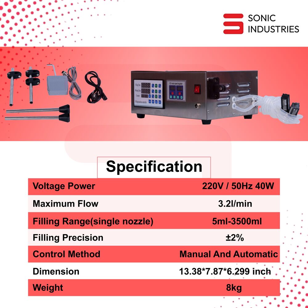 Sonic Industries Double Head Electric Liquid Filler Machine |220V/110V |10ml-3500ml Filling Range