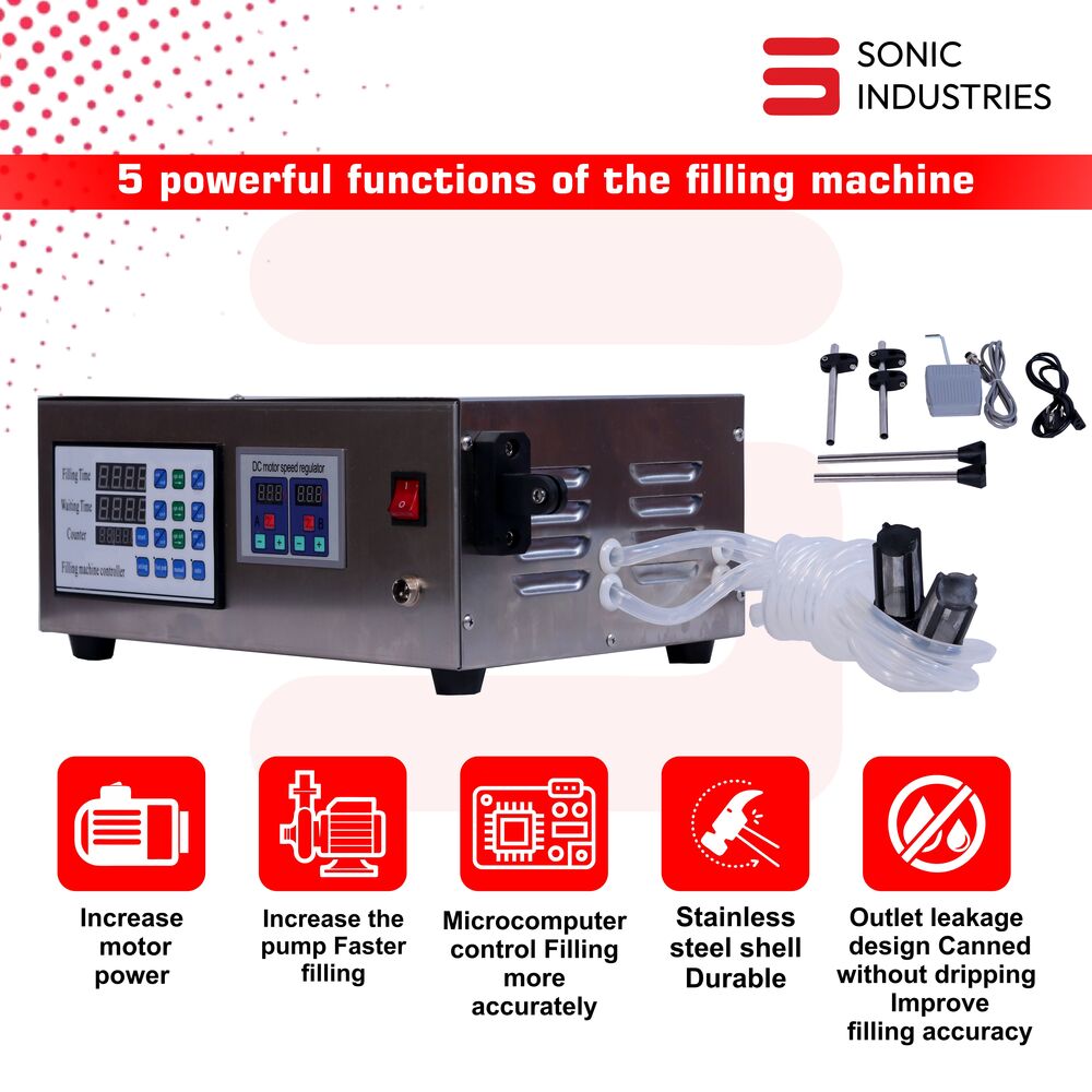 Sonic Industries Double Head Electric Liquid Filler Machine |220V/110V |10ml-3500ml Filling Range