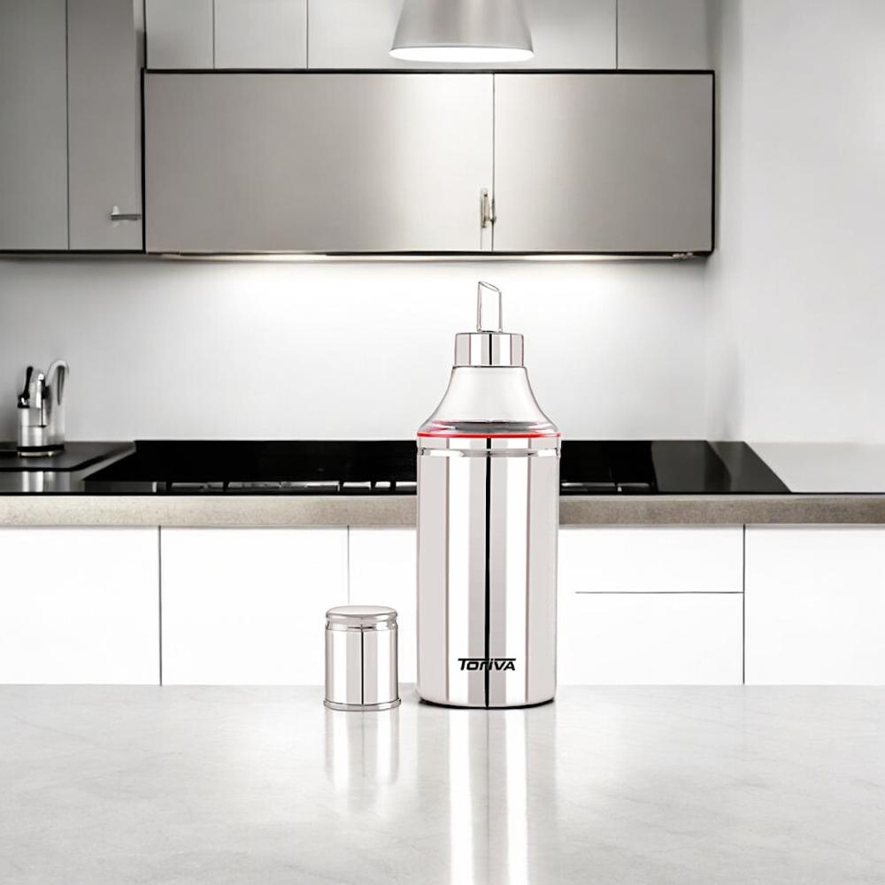 1000ml Fristo Oil Dispenser - Stainless Steel, 21.5x7x7 Cm, Steel Silver | Ergonomic Design, Leak Proof, Unbreakable With Handle