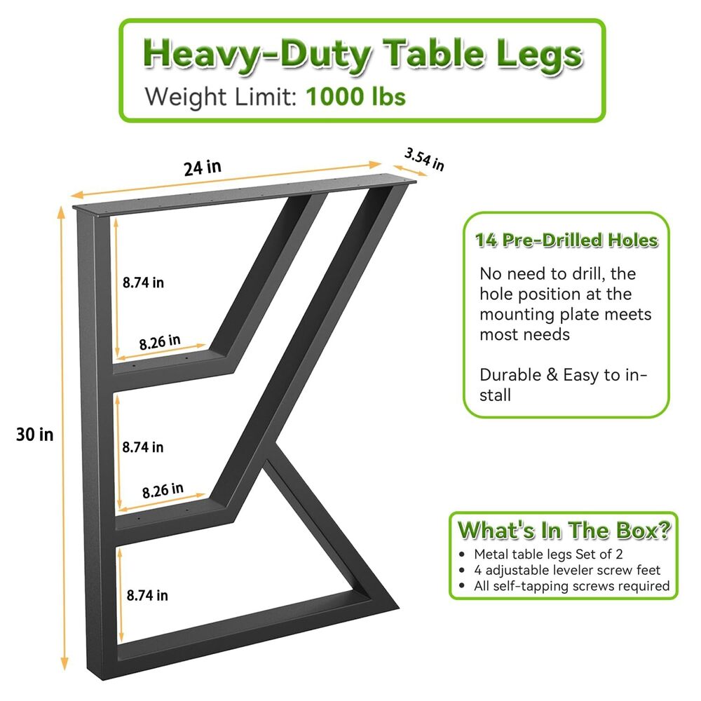 Table Legs 30 inch x 24 inch, K-Shaped Desk Legs, Heavy Duty Metal Legs