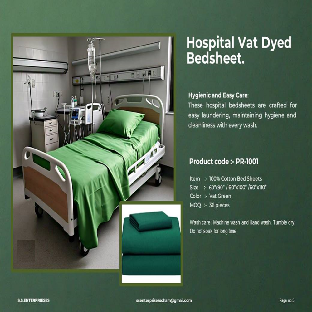Pr-1001-cotton Hospital Vat Dyed Bedsheets - Single Size 90x60 Inch, Vat Green Color, 180 Gsm, Soft Combed Cotton, Easy Care, Hypoallergenic