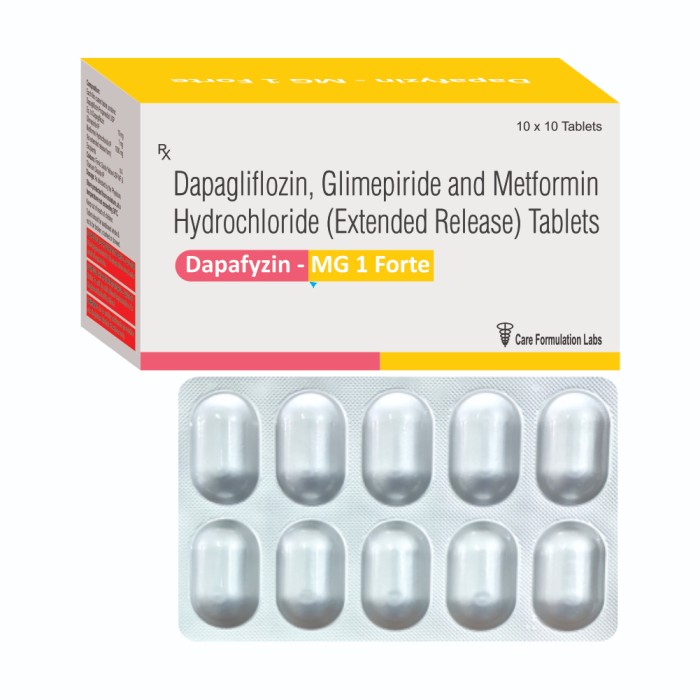 Dapagliflozin 10mg, Glimepiride IP 1mg, Metformin Hydrochloride IP 1000mg tab