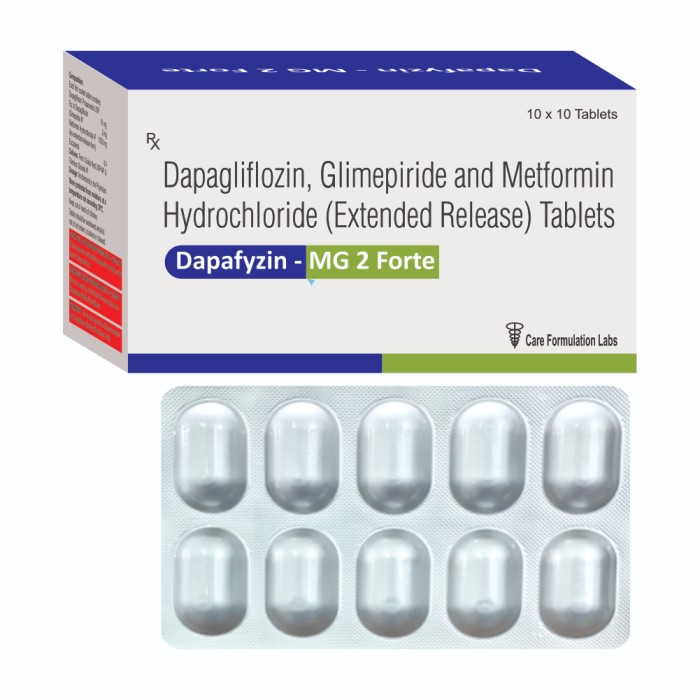 Dapagliflozin 10mg, Glimepiride IP 2mg, Metformin Hydrochloride IP 1000mg tab