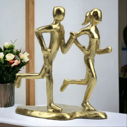 Handcrafted Golden Aluminum Couple Jogging Sculpture Dynamic