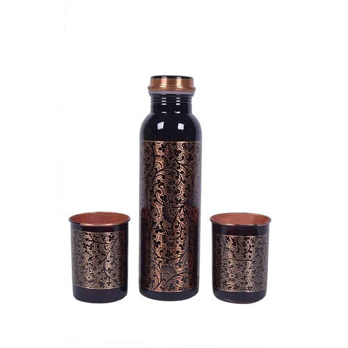 Antique Engraved Pure Copper Bottle And Glass Set - Feature: Durable