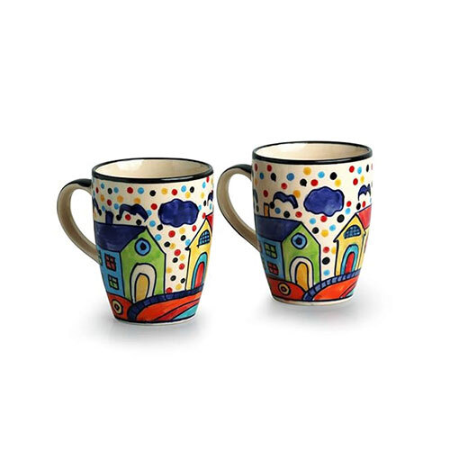 Handpainted Stoneware Ceramic Coffee Mug - Color: Multicolor