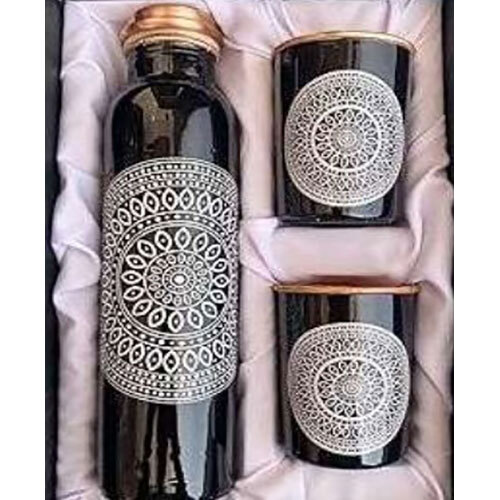 Pure Copper Water Bottle Set With Sticker - Color: Black