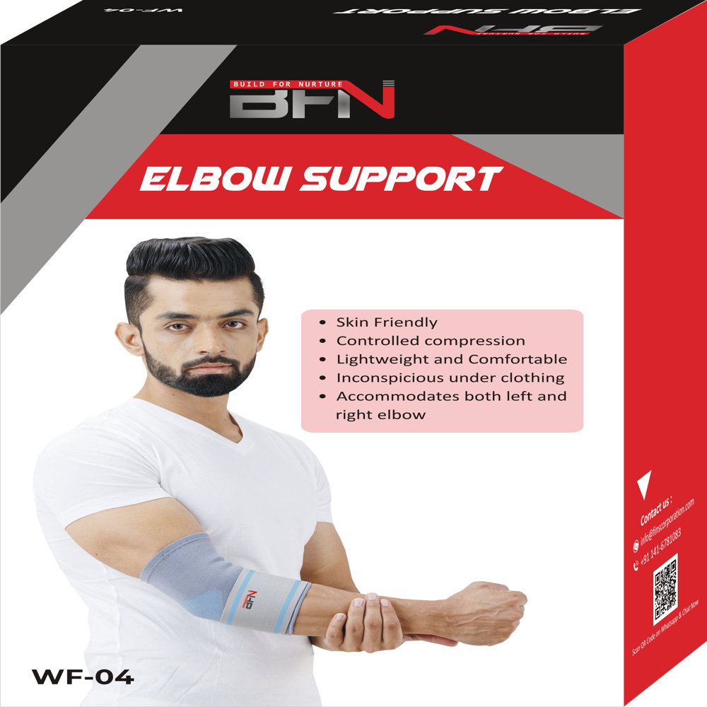 Wf-04 Elbow Support - Sturdy Four Way Elasticized Fabric, Grey Color | Flexible, Sterilized, Lightweight, Eco-friendly Design