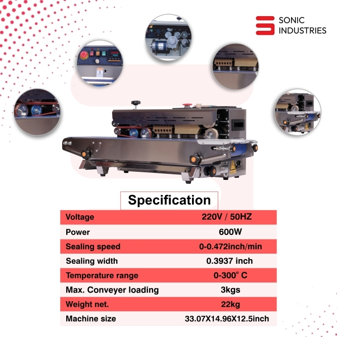 Sonic Industries FR900 Continuous Band Sealing Machine SS Body for Food Packets Economics
