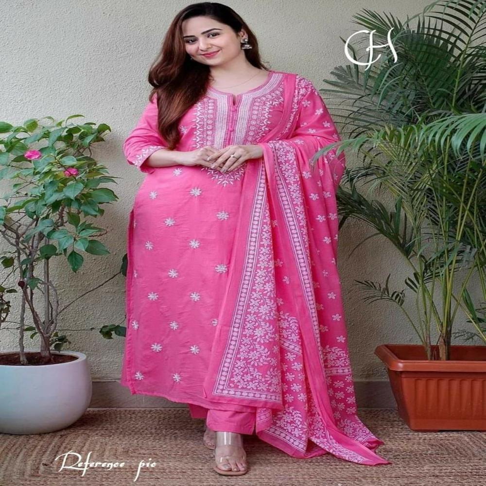 Hawkthestock Women 3/4 Sleeves Viscose Rayon Kurta Pant Dupatta Set - Color: Pink