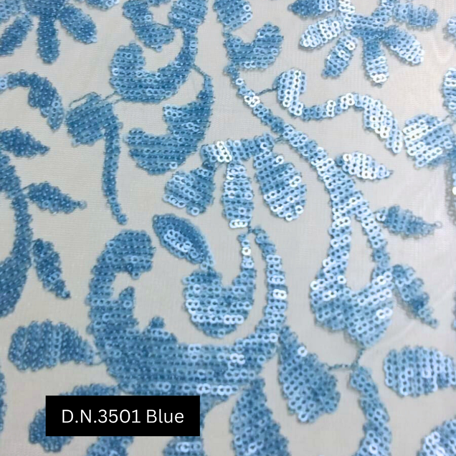 Luxury Floral Blue Sequins Embroidered Net Fabric