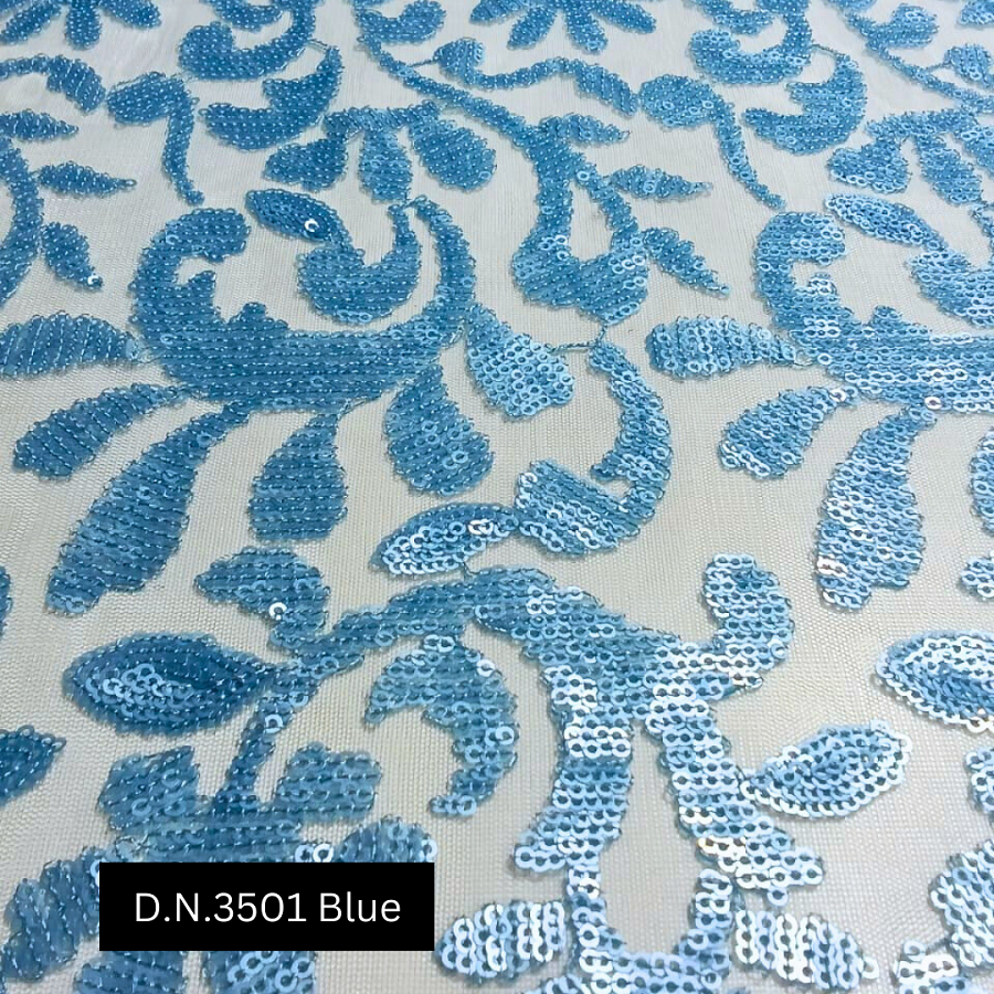 Luxury Floral Blue Sequins Embroidered Net Fabric