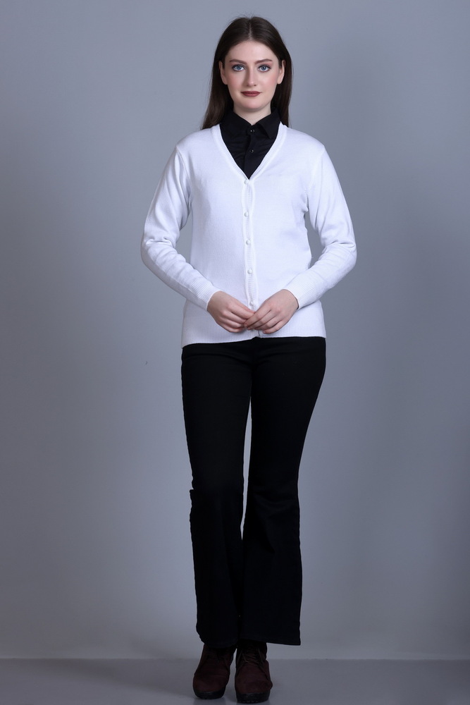 White Solid V Neck Cardigan - Color: Different Available