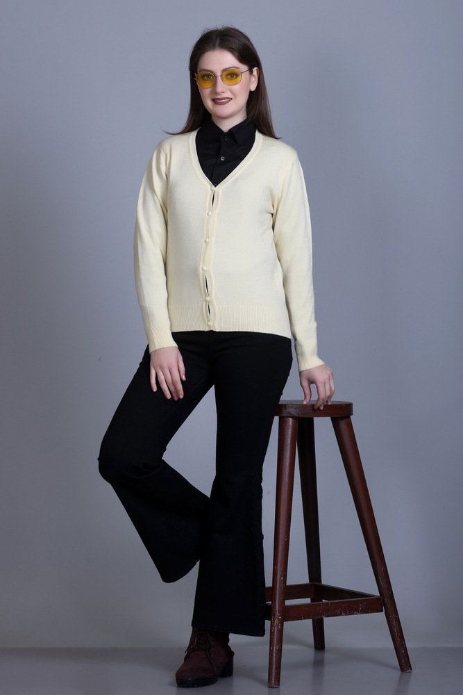 Cream Solid V Neck Cardigan - Color: Different Available