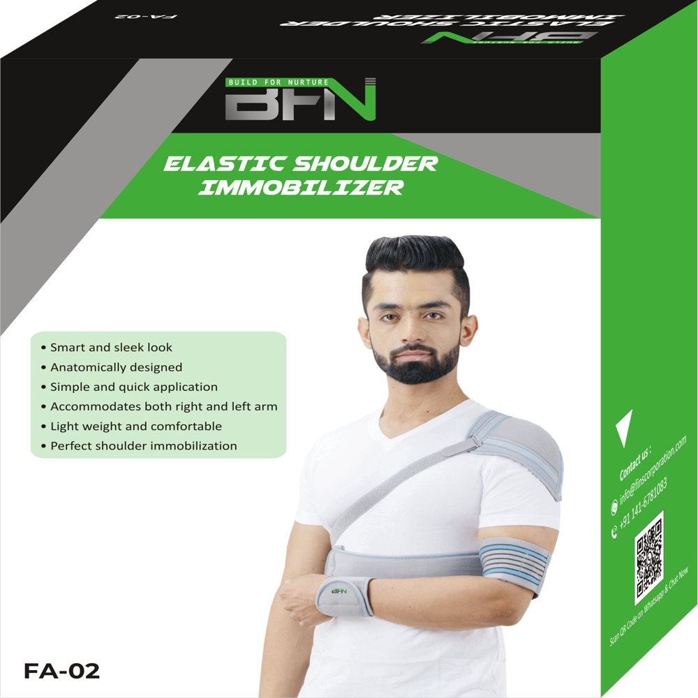 Fa-02 Elastic Shoulder Immobiliser - Laminated Fabric, Grey Color | Lightweight, Flexible, Skin Friendly, Sterilized, Recyclable, Extra Shoulder Cup For Enhanced Support