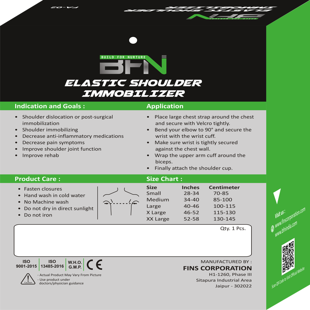 Fa-02 Elastic Shoulder Immobiliser - Laminated Fabric, Grey Color | Lightweight, Flexible, Skin Friendly, Sterilized, Recyclable, Extra Shoulder Cup For Enhanced Support