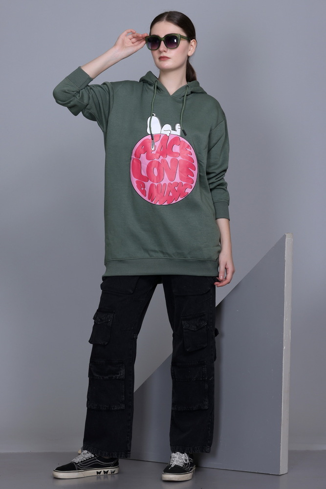 Ladies Full Sleeve Printed Green Sweatshirt