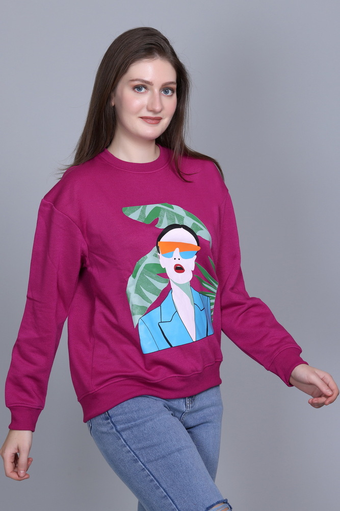 Ladies Dark Pink Full Sleeve Printed Sweatshirt