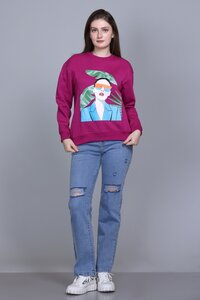Ladies Dark Pink Full Sleeve Printed Sweatshirt