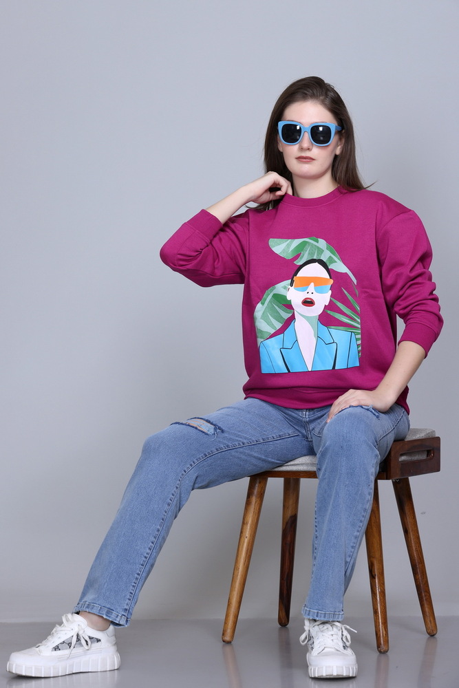 Ladies Dark Pink Full Sleeve Printed Sweatshirt