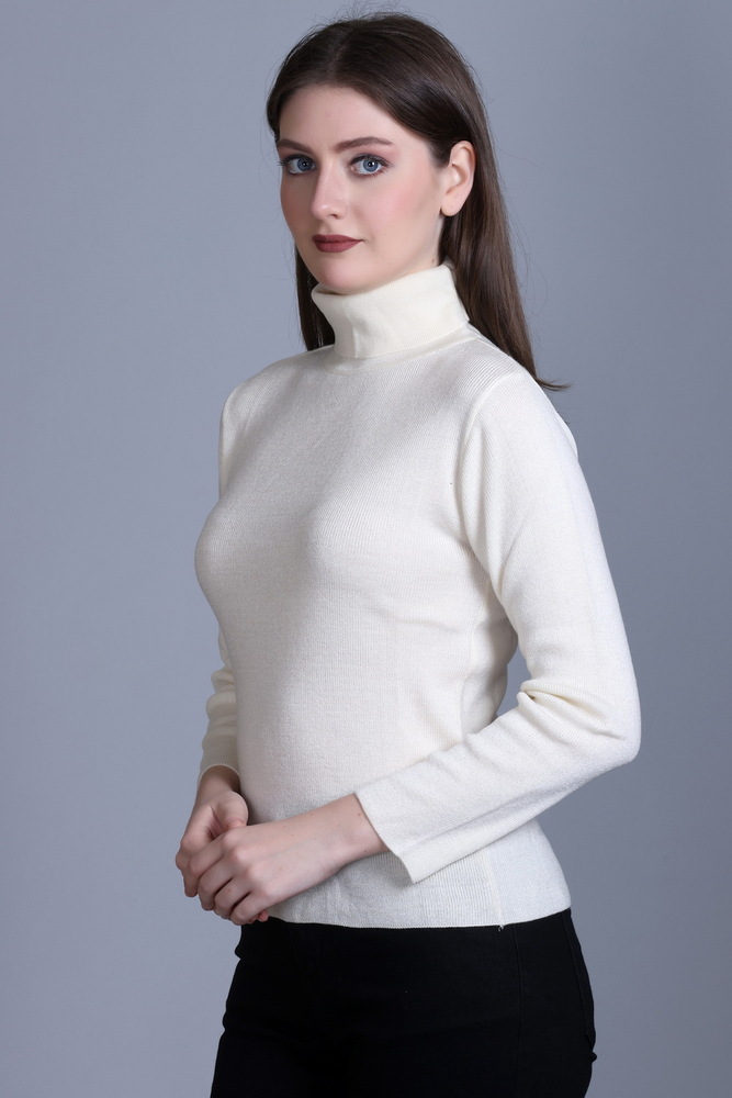 High Neck Full Sleeve White Pullover - Wool, Sizes S-l-xl, Available In Various Colors, Hand-knitted Design For Elegant Style And Cozy Warmth