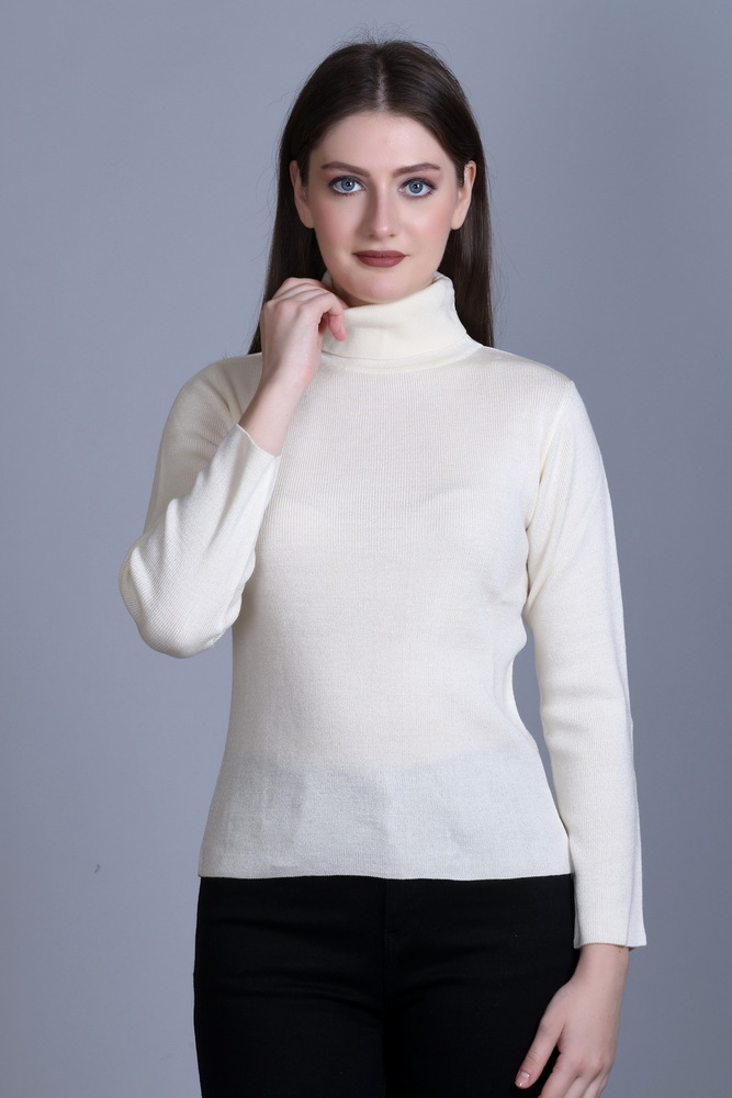 High Neck Full Sleeve White Pullover - Wool, Sizes S-l-xl, Available In Various Colors, Hand-knitted Design For Elegant Style And Cozy Warmth