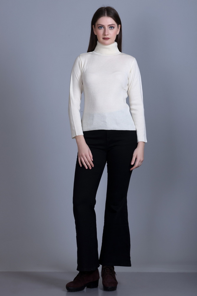 High Neck Full Sleeve White Pullover - Wool, Sizes S-l-xl, Available In Various Colors, Hand-knitted Design For Elegant Style And Cozy Warmth