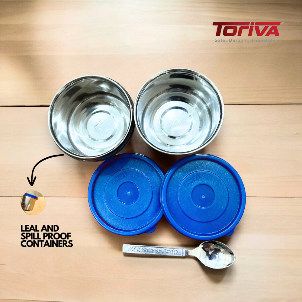 Toriva Stainless Steel Lunch Box - 150 Grams, Red And Blue | Multi-compartment Design, Airtight Seals, Dishwasher Safe
