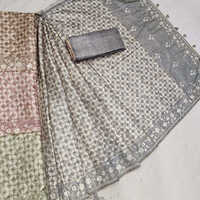 Tusser Embroidery With Cut Work Grey Saree - Color: Any Color