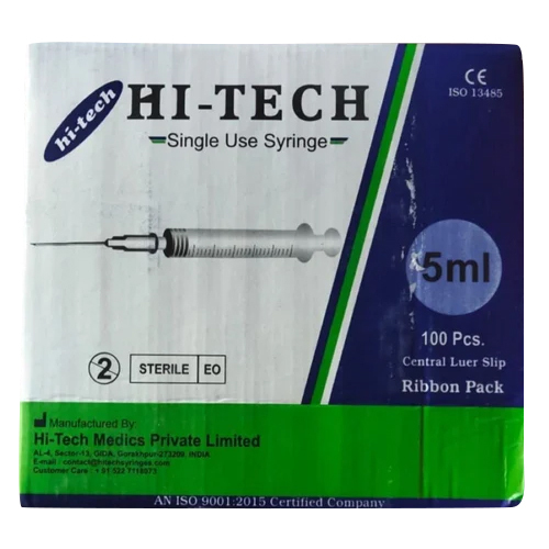 Hitech 5ml Syringe - Stainless Steel Needle, Single Use , Disposable Design for Hospital Applications