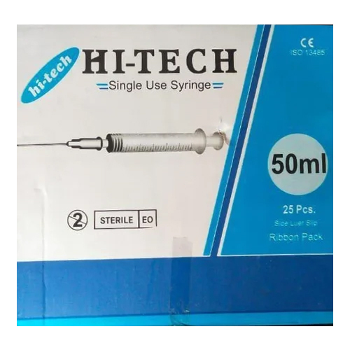 Hi-Tech 50ml Disposable Syringe - Stainless Steel Needle, Single Use , Hygienic Design for Hospital and Clinic Applications