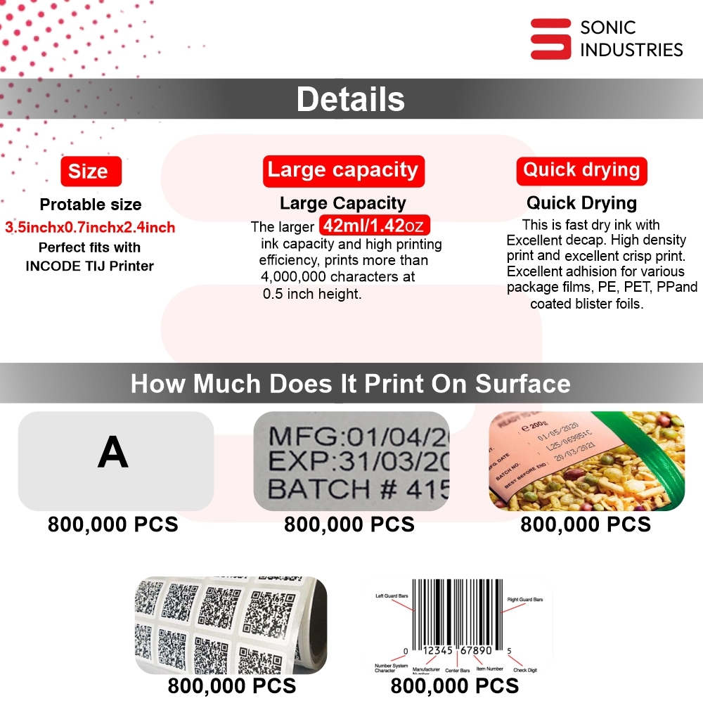 Sonic Industries Black Solvent Ink Cartridge 25mm Half-Inch Printing for All-Surface Marking