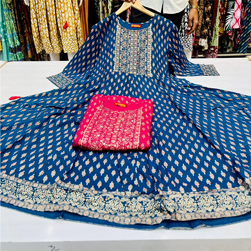 Royal Blue Printed Cotton Suit - Ethnic Region: Indian