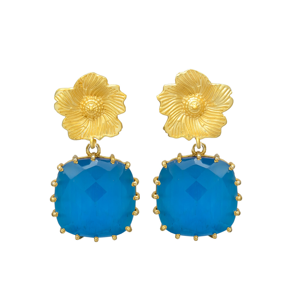 New arrival square blue chalcedony gemstone flower top earring set