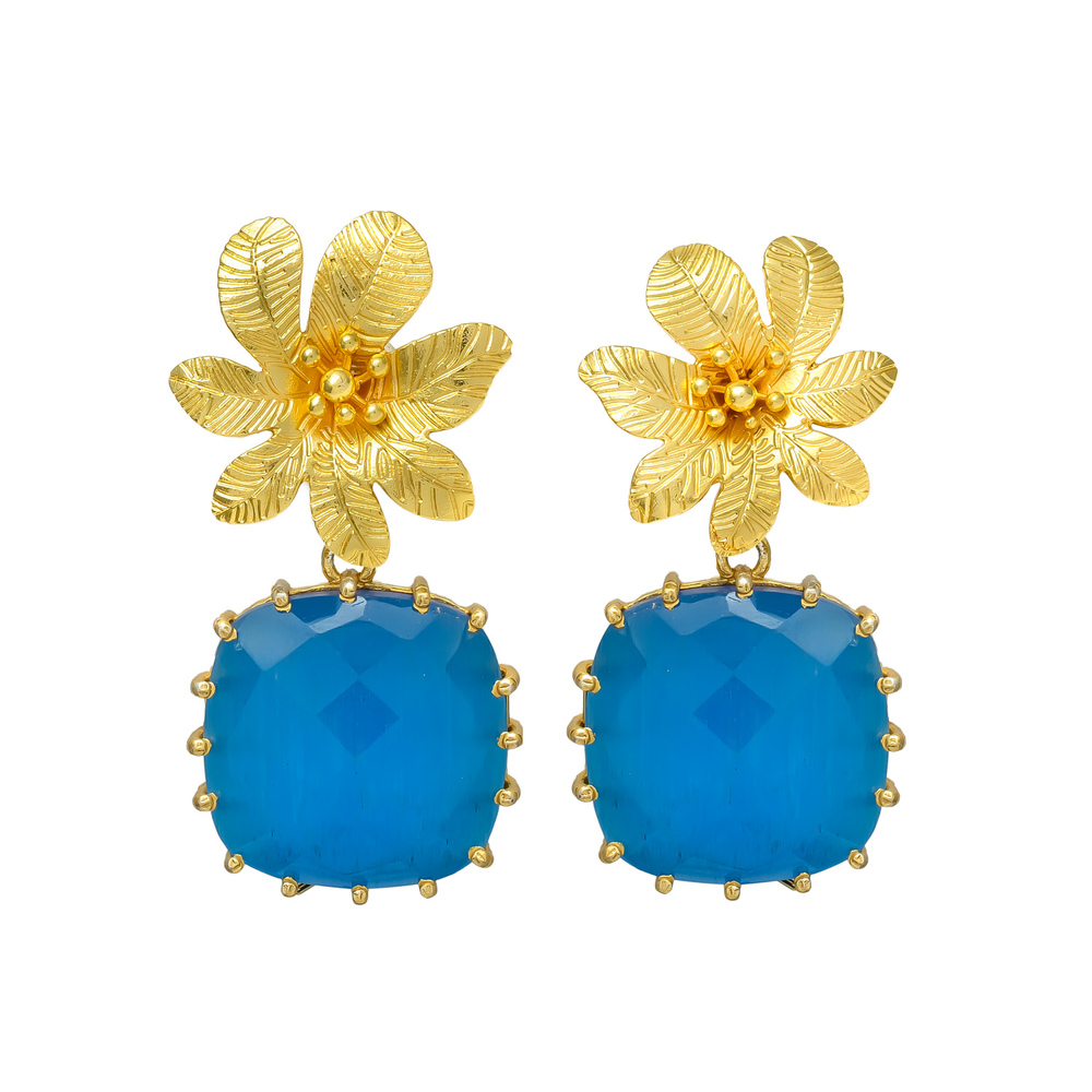 New arrival square blue chalcedony gemstone flower top earrings