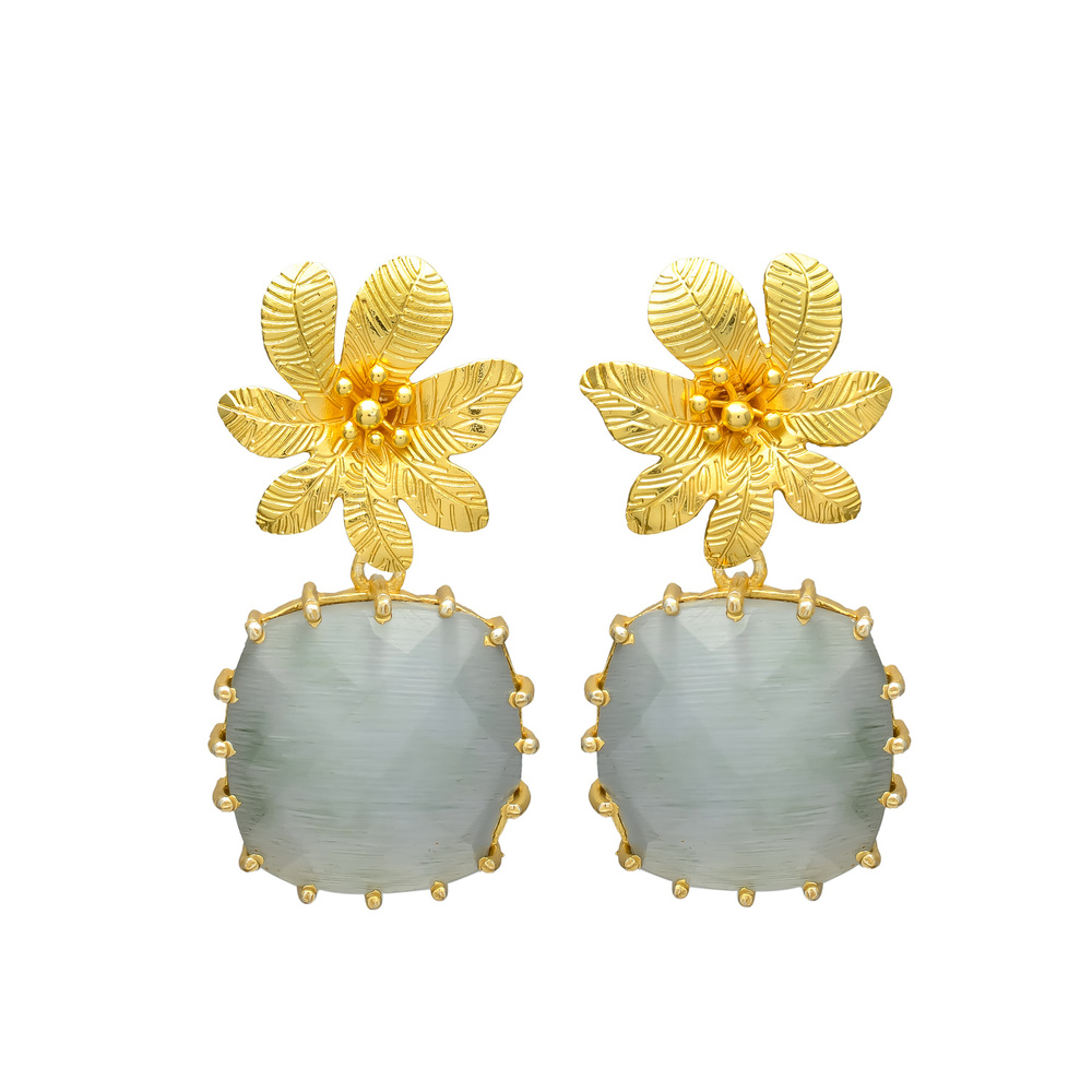 New arrival square grey chalcedony gemstone flower top earrings