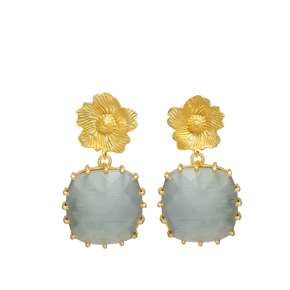 New arrival square grey chalcedony gemstone flower top earring set